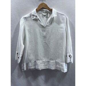 J. Jill White Linen Tunic Top Womens Small 3/4 Sleeve Button Cuff V-Neck Blouse